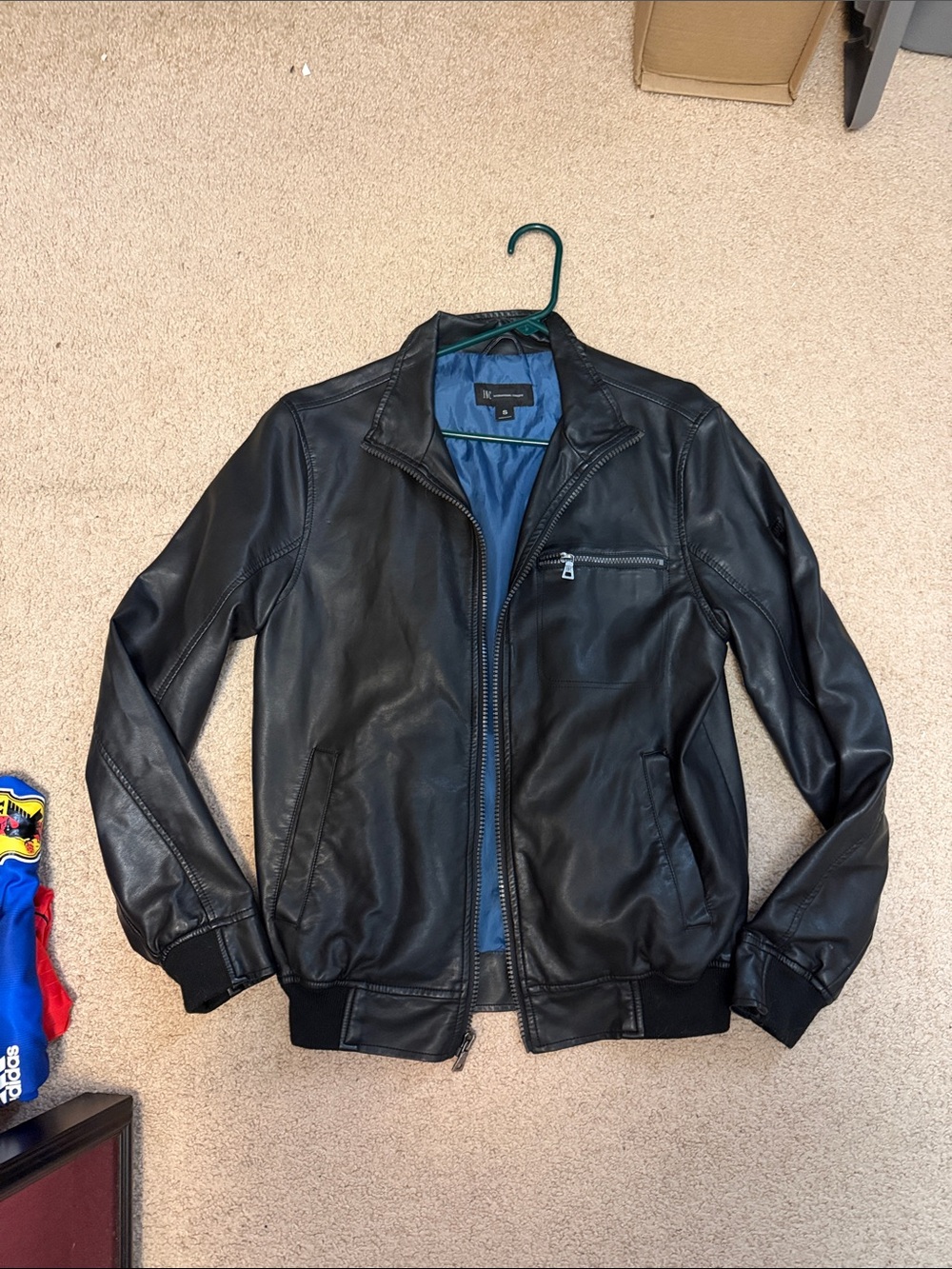 INC International Concepts Black Leather Bomber Jacket with Blue Lining